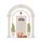 Entrance white door with flowerpots and lantern, cardboard boxes near the door, vector house porch vintage exterior