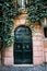 The entrance wooden door covered with green ivy. Rome, Italy.