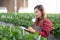 Entrepreneur young asian woman check cultivation strawberry with happiness and writing on note for research.