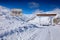 Entry gate to Hemis NP, Kashmir in India. Winter ladscape with road to National park. Road to Rumbak Valley and Yarutse, Hemis NP