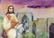 Entry of the Lord into Jerusalem, Palm Sunday, watercolor illustration, Jesus Christ on a donkey, against the backdrop of