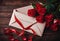 envelope beautiful roses wooden ribbon concept background view red Red Love Top