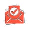 Envelope with confirmed document icon in comic style. Verify cartoon vector illustration on white isolated background. Receive