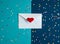 The envelope is decorated with a red heart and a scattering of colored confetti on a blue background.