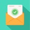 Envelope with document and round green check mark icon. Successful e-mail delivery, email delivery confirmation