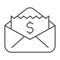 Envelope with dollar bill thin line icon, business concept, letter with financial payment sign on white background