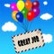 Envelope with GREAT JOB message attached to multicoloured balloons on blue sky and clouds background.