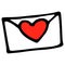 An envelope icon with a red heart. A closed envelope with a heart seal is hand-drawn in a doodle style with a black line on a