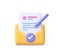 Envelope with letter, pencil and check mark. 3d vector icon. Mail message, signed deal contract concept.