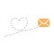 Envelope with line dotted route in heart shape. Flying mail symbol.