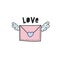 Envelope with a love message with wings. Valentine`s Day. Color vector illustration in doodle style.