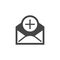 Envelope with a plus sign. Receiving or sending mail, downloading file, opening post concept icon. Letter flat pictogram