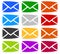 Envelope symbols in 12 colors as contact, support, email icons,
