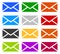 Envelope symbols in 12 colors as contact, support, email icons,