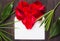 Envelope with text space on wood background flat lay and red rose petals heart. Letter valentine card.