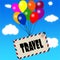 Envelope with TRAVEL message attached to multicoloured balloons on blue sky and clouds background.