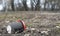 Enviromental pollution; paper cup for coffee and red plastic cover on a background of forest nature and grass.