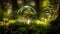 Environment. Glass Globe On Grass Moss In Forest - Green Planet With Abstract Defocused Bokeh Lights - Environmental Conservation