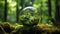 Environment. Glass Globe On Grass Moss In Forest - Green Planet With Abstract Defocused Bokeh Lights - Environmental Conservation