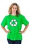 Environmental activist wearing green shirt with recycling symbol