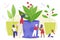 Environmental agriculture to save earth ecology vector illustration, cartoon flat tiny gardener people watering plant or