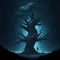 Environmental concepts, live and dead big tree, dark and frightening