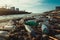 Environmental degradation visible on a littered beach with plastic bottles