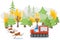 Environmental pollution tracked result, vector illustration. Wildfire, forest trees in flame, character animals run away