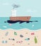 Environmental pollution vector background. Oil spill on water. Ship is polluting the environment. Plastic waste on the sea surface