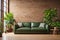 Environmentally Friendly Living Room With Leather Sofa, Green Plants And Brick Wall