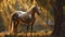 Envision a scene where a majestic dark palomino quarter horse stands gracefully, positioned near a backdrop of towering trees. The