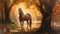 Envision a scene where a majestic dark palomino quarter horse stands gracefully, positioned near a backdrop of towering trees. The