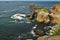 The Enys Dodman Arch at Land`s End, a headland and holiday complex in western Cornwall, England