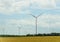 Eolian field and wind turbines farm, near yellow fllowers field, clouds blue sky