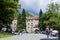 Eople near the entrance arch of in Unesco World Heritage site famous Rila Monastery, Rilsky monastery