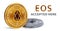 EOS. Accepted sign emblem. Crypto currency. Golden and silver coins with EOS symbol isolated on white background. 3D isometric Phy