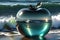 Ephemeral Fusion: Glass Apple with Shadowy Sphere Cast upon Tumultuous Ocean Waves