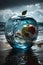 Ephemeral Fusion: Tempestuous Seas and Glass Apple Shadows Sphere. AI generated