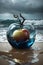 Ephemeral Fusion: Tempestuous Seas and Glass Apple Shadows Sphere. AI generated