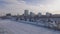 Epic aerial cityscape of russian city Samara, frozen water on Volga river