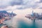 Epic aerial view of night scene of Victoria Harbour, Hong Kong, in golden hour