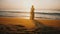 Epic back view shot of young happy woman in summer dress walking to water edge on amazing golden sunset ocean beach.