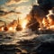 Epic battle of large naval ships on the open sea