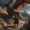 Epic dragon hunt, Fearless hunters tracking down a legendary dragon amidst rugged terrain and ancient ruins2