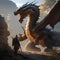 Epic dragon hunt, Fearless hunters tracking down a legendary dragon amidst rugged terrain and ancient ruins3