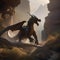 Epic dragon hunt, Fearless hunters tracking down a legendary dragon amidst rugged terrain and ancient ruins4