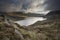 Epic early Autumn Fall landscape of view along Ogwen Valley in Snowdonia National Park under dramatic evening sky with copy space