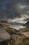 Epic early Autumn Fall landscape of view along Ogwen Valley in Snowdonia National Park under dramatic evening sky with copy space