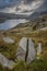 Epic early Autumn Fall landscape of view along Ogwen Valley in Snowdonia National Park under dramatic evening sky with copy space