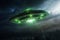 Epic encounter, UFO spaceship flies in night sky, green alien watches